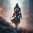 Assassin's Creed female assassin emerging from the fog of battle, 8k, Bokeh effect, Volumetric Lighting, Vibrant Colors, Fantasy, Dark by Stanley Artgerm Lau, Stefan Kostic