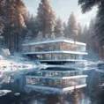 Beautiful futuristic architectural bright glass house in the forest on a giant frozen lake, 8k, Award-Winning, Highly Detailed, Beautiful, Epic, Octane Render, Unreal Engine, Radiant, Volumetric Lighting by Greg Rutkowski