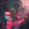 80s futuristic outdoor retro arcade, desolate, lush vegetation, Highly Detailed, Intricate, Artstation, Sharp Focus, Smooth, Octane Render, Centered, Dynamic, Elegant by Beeple, Justin Gerard, James Gilleard, Simon Stalenhag