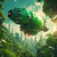 Studio ghibli, rocket explosion, jungle, solar, green technology, optimist future, 8k, Bokeh effect, Cinematic Lighting, Iridescence, Vibrant by Greg Rutkowski