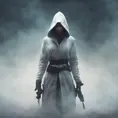 White hooded female assassin emerging from the fog of war, 8k, Bokeh effect, Volumetric Lighting, Vibrant Colors, Fantasy, Dark by Andy Fairhurst