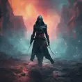 Black hooded Assassin's Creed female assassin emerging from the fog of battle, 8k, Bokeh effect, Volumetric Lighting, Vibrant Colors, Fantasy, Dark by Beeple, Stefan Kostic