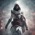 White hooded Assassin's Creed female assassin emerging from the fog of battle, 8k, Bokeh effect, Volumetric Lighting, Vibrant Colors, Fantasy, Dark by Greg Rutkowski, Stefan Kostic