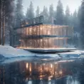 Beautiful futuristic architectural bright lit glass house in the forest on a large frozen lake, 8k, Award-Winning, Highly Detailed, Beautiful, Epic, Octane Render, Unreal Engine, Radiant, Volumetric Lighting by Greg Rutkowski