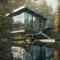 Beautiful futuristic architectural glass house in the forest on a large lake, 8k, Award-Winning, Highly Detailed, Beautiful, Epic, Octane Render, Unreal Engine, Radiant, Volumetric Lighting by Louis Comfort Tiffany