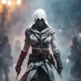 White hooded Assassin's Creed female assassin emerging from the fog of battle, 8k, Bokeh effect, Volumetric Lighting, Vibrant Colors, Fantasy, Dark by Greg Rutkowski, Stefan Kostic