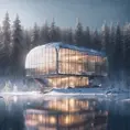 Beautiful futuristic architectural bright lit glass house in the forest on a large frozen lake, 8k, Award-Winning, Highly Detailed, Beautiful, Epic, Octane Render, Unreal Engine, Radiant, Volumetric Lighting by Greg Rutkowski