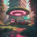 80s futuristic outdoor retro arcade, desolate, lush vegetation, Highly Detailed, Intricate, Artstation, Sharp Focus, Smooth, Octane Render, Centered, Dynamic, Elegant by Beeple, Justin Gerard, James Gilleard, Simon Stalenhag