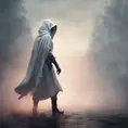 White hooded female assassin emerging from the fog of war, 8k, Bokeh effect, Volumetric Lighting, Vibrant Colors, Fantasy, Dark by Andy Fairhurst