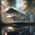 Beautiful futuristic architectural glass house in the forest on a large lake, 8k, Award-Winning, Highly Detailed, Beautiful, Epic, Octane Render, Unreal Engine, Radiant, Volumetric Lighting by Archillect