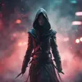 Black hooded Assassin's Creed female assassin emerging from the fog of battle, 8k, Bokeh effect, Volumetric Lighting, Vibrant Colors, Fantasy, Dark by Beeple, Stefan Kostic