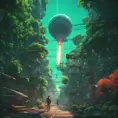 Studio ghibli, rocket explosion, jungle, solar, green technology, optimist future, 8k, Bokeh effect, Cinematic Lighting, Iridescence, Vibrant by Beeple, Dan Mumford, Greg Rutkowski, WLOP