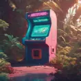 80s futuristic outdoor retro arcade, desolate, lush vegetation, Highly Detailed, Intricate, Artstation, Sharp Focus, Smooth, Octane Render, Centered, Dynamic, Elegant by Beeple, Justin Gerard, James Gilleard, Simon Stalenhag