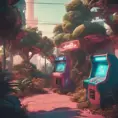 80s futuristic outdoor retro arcade, desolate, lush vegetation, Highly Detailed, Intricate, Artstation, Sharp Focus, Smooth, Octane Render, Centered, Dynamic, Elegant by Beeple, Justin Gerard, James Gilleard, Simon Stalenhag