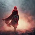 Red hooded Assassin's Creed female assassin emerging from the fog of battle, 8k, Bokeh effect, Volumetric Lighting, Vibrant Colors, Fantasy, Dark by Stefan Kostic