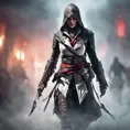 Assassin's Creed female assassin emerging from the fog of battle, 8k, Bokeh effect, Volumetric Lighting, Vibrant Colors, Fantasy, Dark by WLOP, Stefan Kostic