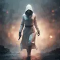 White hooded female assassin emerging from the fog of war, 8k, Bokeh effect, Volumetric Lighting, Vibrant Colors, Fantasy, Dark by Andy Fairhurst