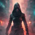 Black hooded Assassin's Creed female assassin emerging from the fog of battle, 8k, Bokeh effect, Volumetric Lighting, Vibrant Colors, Fantasy, Dark by Beeple, Stefan Kostic