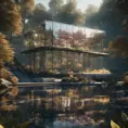 Beautiful futuristic architectural glass house in the forest on a large lake, 8k, Award-Winning, Highly Detailed, Beautiful, Epic, Octane Render, Unreal Engine, Radiant, Volumetric Lighting by Louis Comfort Tiffany