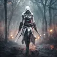 White hooded Assassin's Creed female assassin emerging from the fog of battle, 8k, Bokeh effect, Volumetric Lighting, Vibrant Colors, Fantasy, Dark by Greg Rutkowski, Stefan Kostic