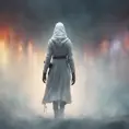 White hooded female assassin emerging from the fog of war, 8k, Bokeh effect, Volumetric Lighting, Vibrant Colors, Fantasy, Dark by Andy Fairhurst