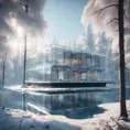 Beautiful futuristic architectural bright glass house in the forest on a giant frozen lake, 8k, Award-Winning, Highly Detailed, Beautiful, Epic, Octane Render, Unreal Engine, Radiant, Volumetric Lighting by Greg Rutkowski