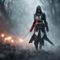 Assassin's Creed female assassin emerging from the fog of battle, 8k, Bokeh effect, Volumetric Lighting, Vibrant Colors, Fantasy, Dark by WLOP, Stefan Kostic