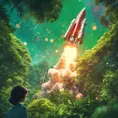 Studio ghibli, rocket explosion, jungle, solar, green technology, optimist future, 8k, Bokeh effect, Cinematic Lighting, Iridescence, Vibrant by Greg Rutkowski