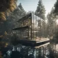 Beautiful futuristic architectural glass house in the forest on a large lake, 8k, Award-Winning, Highly Detailed, Beautiful, Epic, Octane Render, Unreal Engine, Radiant, Volumetric Lighting by Archillect