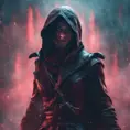 Black hooded Assassin's Creed female assassin emerging from the fog of battle, 8k, Bokeh effect, Volumetric Lighting, Vibrant Colors, Fantasy, Dark by Beeple, Stefan Kostic