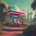 80s futuristic outdoor retro arcade, desolate, lush vegetation, Highly Detailed, Intricate, Artstation, Sharp Focus, Smooth, Octane Render, Centered, Dynamic, Elegant by Beeple, Justin Gerard, James Gilleard, Simon Stalenhag