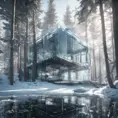 Beautiful futuristic architectural bright glass house in the forest on a giant frozen lake, 8k, Award-Winning, Highly Detailed, Beautiful, Epic, Octane Render, Unreal Engine, Radiant, Volumetric Lighting by Greg Rutkowski