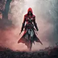 Red hooded Assassin's Creed female assassin emerging from the fog of battle, 8k, Bokeh effect, Volumetric Lighting, Vibrant Colors, Fantasy, Dark by Stefan Kostic