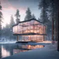 Beautiful futuristic architectural bright lit glass house in the forest on a large frozen lake, 8k, Award-Winning, Highly Detailed, Beautiful, Epic, Octane Render, Unreal Engine, Radiant, Volumetric Lighting by Greg Rutkowski