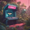 80s futuristic outdoor retro arcade, desolate, lush vegetation, Highly Detailed, Intricate, Artstation, Sharp Focus, Smooth, Octane Render, Centered, Dynamic, Elegant by Beeple, Justin Gerard, James Gilleard, Simon Stalenhag