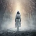 White hooded female assassin emerging from the fog of war, 8k, Bokeh effect, Volumetric Lighting, Vibrant Colors, Fantasy, Dark by Andy Fairhurst