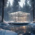 Beautiful futuristic architectural bright lit glass house in the forest on a large frozen lake, 8k, Award-Winning, Highly Detailed, Beautiful, Epic, Octane Render, Unreal Engine, Radiant, Volumetric Lighting by Greg Rutkowski