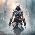 White hooded Assassin's Creed female assassin emerging from the fog of battle, 8k, Bokeh effect, Volumetric Lighting, Vibrant Colors, Fantasy, Dark by Greg Rutkowski, Stefan Kostic