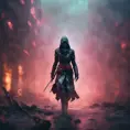 Black hooded Assassin's Creed female assassin emerging from the fog of battle, 8k, Bokeh effect, Volumetric Lighting, Vibrant Colors, Fantasy, Dark by Beeple, Stefan Kostic