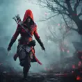 Red hooded Assassin's Creed female assassin emerging from the fog of battle, 8k, Bokeh effect, Volumetric Lighting, Vibrant Colors, Fantasy, Dark by Stefan Kostic