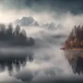 Snowy peaks Alps in fog near a lake surrounded by trees , Bokeh effect, Volumetric Lighting