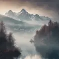 Snowy peaks Alps in fog near a lake surrounded by trees , Bokeh effect, Volumetric Lighting