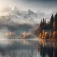 Snowy peaks Alps in fog near a lake surrounded by trees , Bokeh effect, Volumetric Lighting