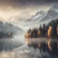 Snowy peaks Alps in fog near a lake surrounded by trees , Bokeh effect, Volumetric Lighting