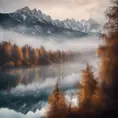 Snowy peaks Alps in fog near a lake surrounded by trees , Bokeh effect, Volumetric Lighting