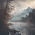 Snowy peaks Alps in fog near a lake surrounded by trees , Bokeh effect, Volumetric Lighting