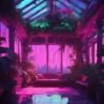 A beautiful render of city sunroom by georgia o'keeffe, galactic alien synthwave rainforest noir thermal imaging myst uv light, flowers, Highly Detailed, Cinematic Lighting, Neon, Concept Art
