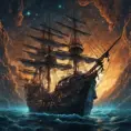 Pirate Ship, Intricate, Ultra Detailed, Symmetry, Beautiful, Sharp Focus, Astrophotography, Centered, Volumetric Lighting by Dan Mumford, Marc Simonetti