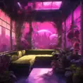 A beautiful render of city sunroom by georgia o'keeffe, galactic alien synthwave rainforest noir thermal imaging myst uv light, flowers, Highly Detailed, Cinematic Lighting, Neon, Concept Art