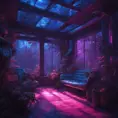 A beautiful render of a blue city sunroom, galactic alien synthwave rainforest noir thermal imaging myst uv light, flowers, Highly Detailed, Cinematic Lighting, Neon, Concept Art